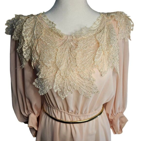 Vintage 80s Miss Ashlee Dress Womens Size Small Peach Chiffon Victorian Romantic - Picture 3 of 11